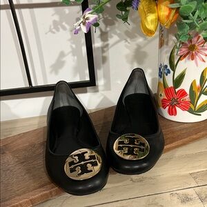 Tory Burch Black Flats with Gold Emblem
